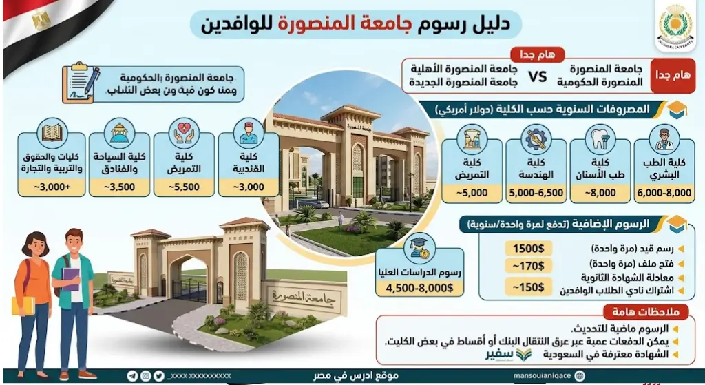 رسوم جامعة المنصورة للوافدين ومصروفات الكليات كاملة