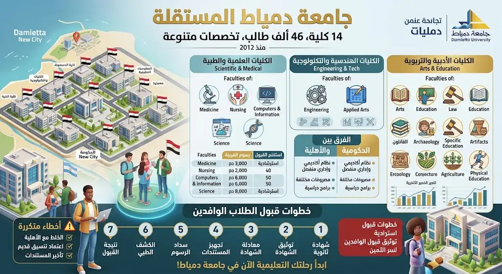 كليات جامعة دمياط التخصصات المتاحة والمصاريف للوافدين
